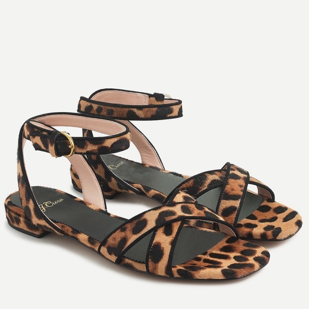 NIB J. Crew Abbie Leopard calf hair Strap Sandals flats size 10